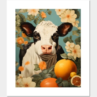 Retro Vintage Country Cow Floral Design - Rustic Farmhouse Art Posters and Art